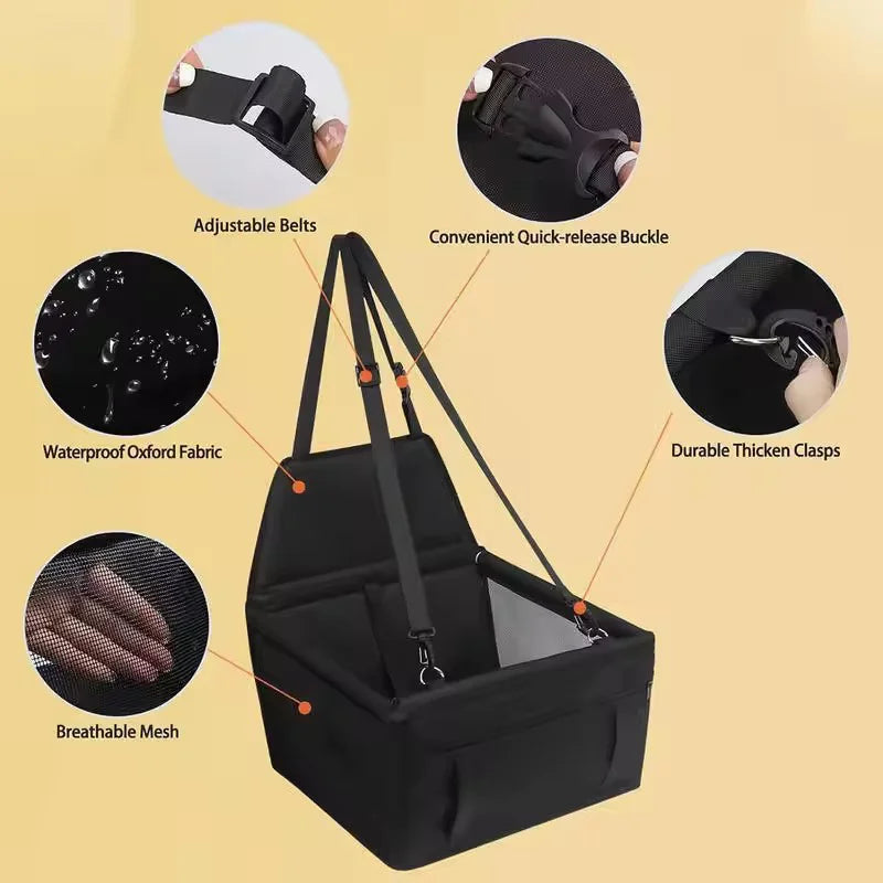 Portable Foldable Dog Car Safety Seat | Breathable Waterproof Pet Travel Booster Basket | Heavy-Duty Car Riding Box with Built-In Safety Strap for Dogs and Cats