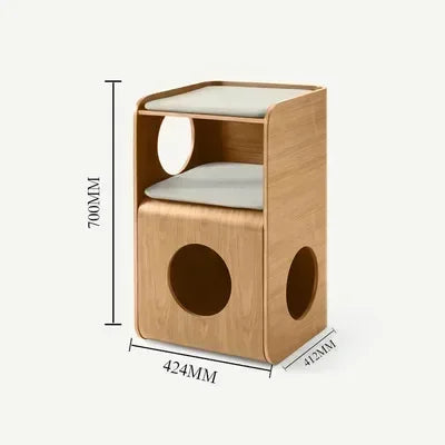 2-in-1 Wooden Cat House Side Table – Curved Bedside Nightstand & Indoor Pet Condo with Cushion