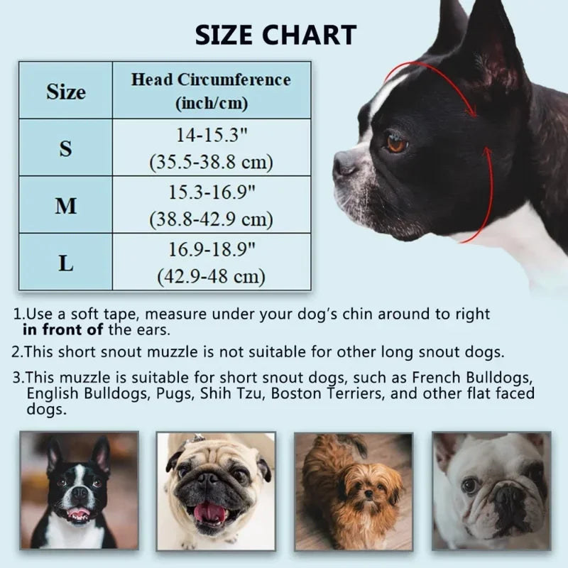 Short Snout Dog Muzzle | Soft Silicone Mask for Flat-Faced Breeds | Breathable Mesh Safety Cover for Biting, Chewing, and Licking Training for French Bulldogs, Pugs, and Boston Terriers