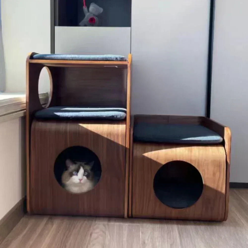 2-in-1 Wooden Cat House Side Table – Curved Bedside Nightstand & Indoor Pet Condo with Cushion