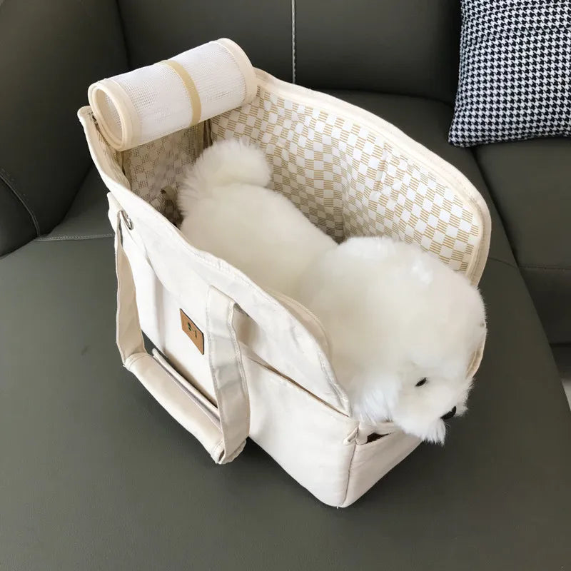 Portable Pet Shoulder Handbag | Quilted Fabric Dog & Cat Carrier Bag | Non-Slip Car Travel Booster Seat Nest with Safety Tether for Puppies and Kittens