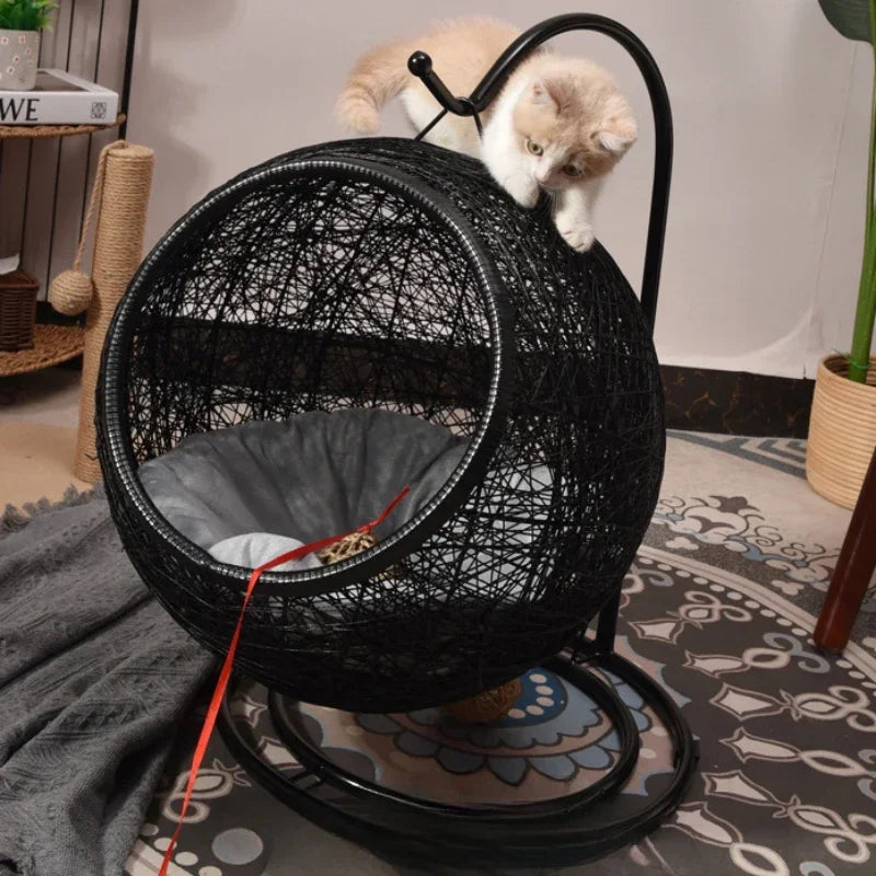 Luxury Hanging Basket Cat Hammock – Semi-Enclosed Woven Egg Chair Pet Nest with Plush Cushion