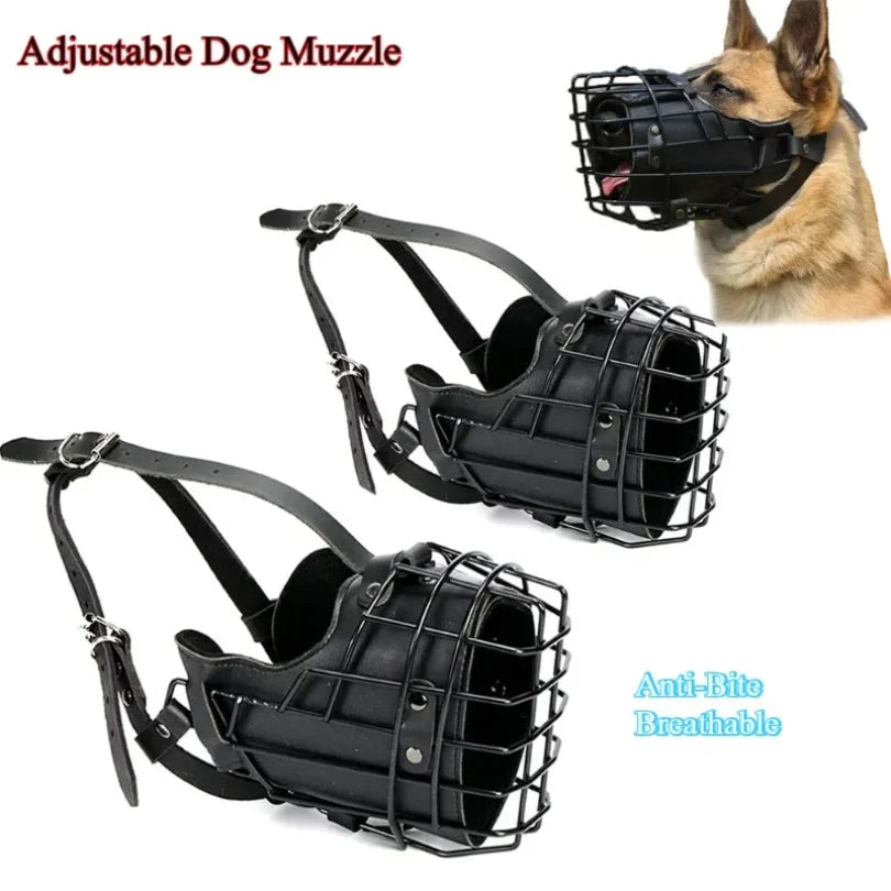 Two black adjustable dog muzzle masks with wire cages are shown on a white background, with a German Shepherd pictured in the top right wearing one. Text reads 'Adjustable Dog Muzzle' and 'Anti-Dite Breathable'.