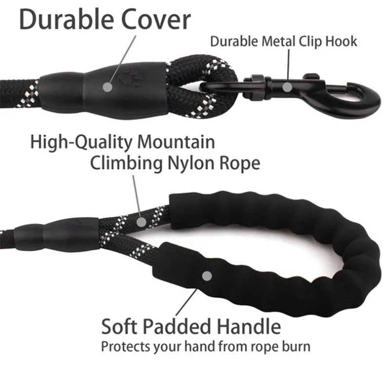 1.5m Heavy Duty Climbing Rope Dog Leash | Durable Nylon Braided Lead with Soft Padded Handle | Reflective Shock Absorbing Training Traffic Cord for Cats and Dogs