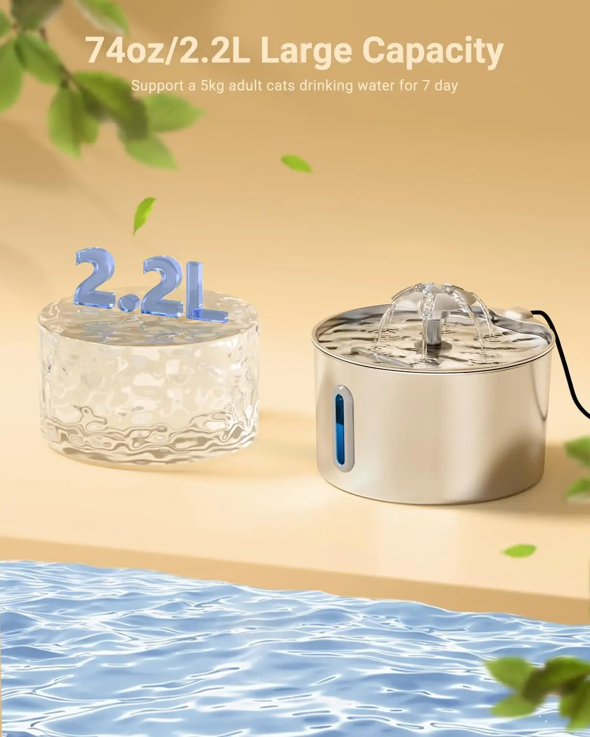 2.2L Stainless Steel Cat Water Fountain | Automatic Electric Pet Drinking Dispenser | Ultra-Silent Circulating Water Bowl with Dual Flow Flower Outlet Mode