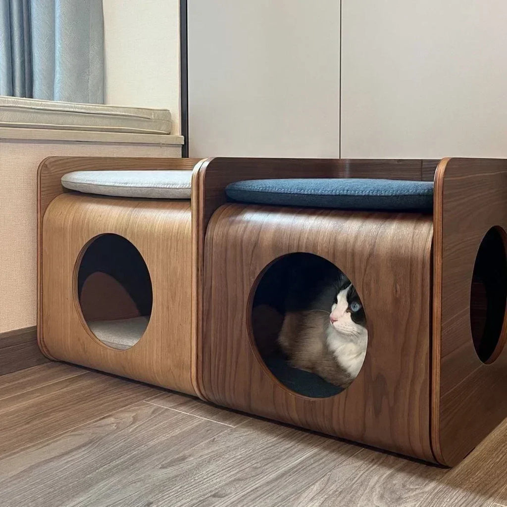2-in-1 Wooden Cat House Side Table – Curved Bedside Nightstand & Indoor Pet Condo with Cushion