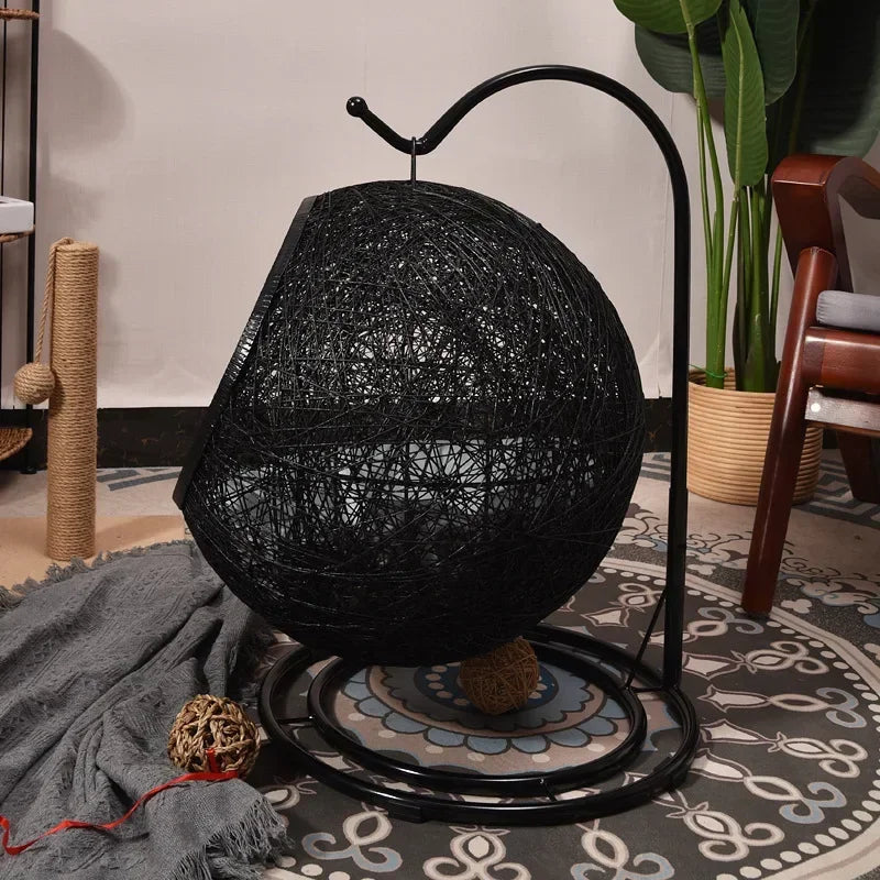 Luxury Hanging Basket Cat Hammock – Semi-Enclosed Woven Egg Chair Pet Nest with Plush Cushion