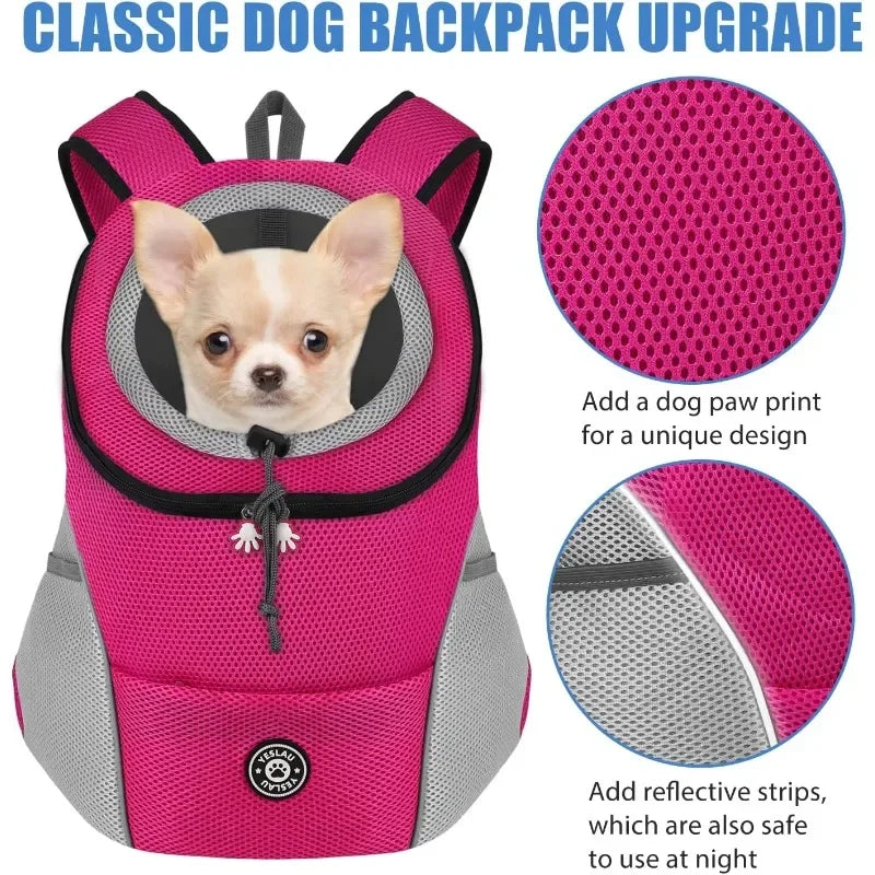 Hands-Free Dog Backpack Carrier | Breathable Front Pack Travel Bag with Adjustable Safety Harness | Reflective Leg-Out Pet Shoulder Pouch for Hiking and Walking