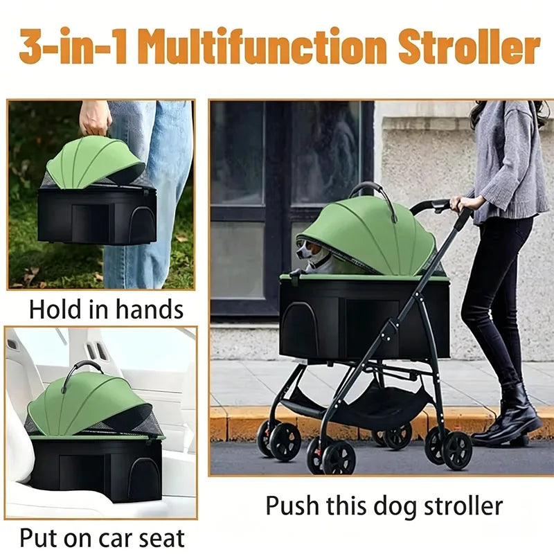 Pet Car Stroller 3-in-1 Combo | Lightweight Foldable Dog Walking Jogger | Detachable Car Safety Seat Basket and Travel Carrier for Medium Dogs & Cats