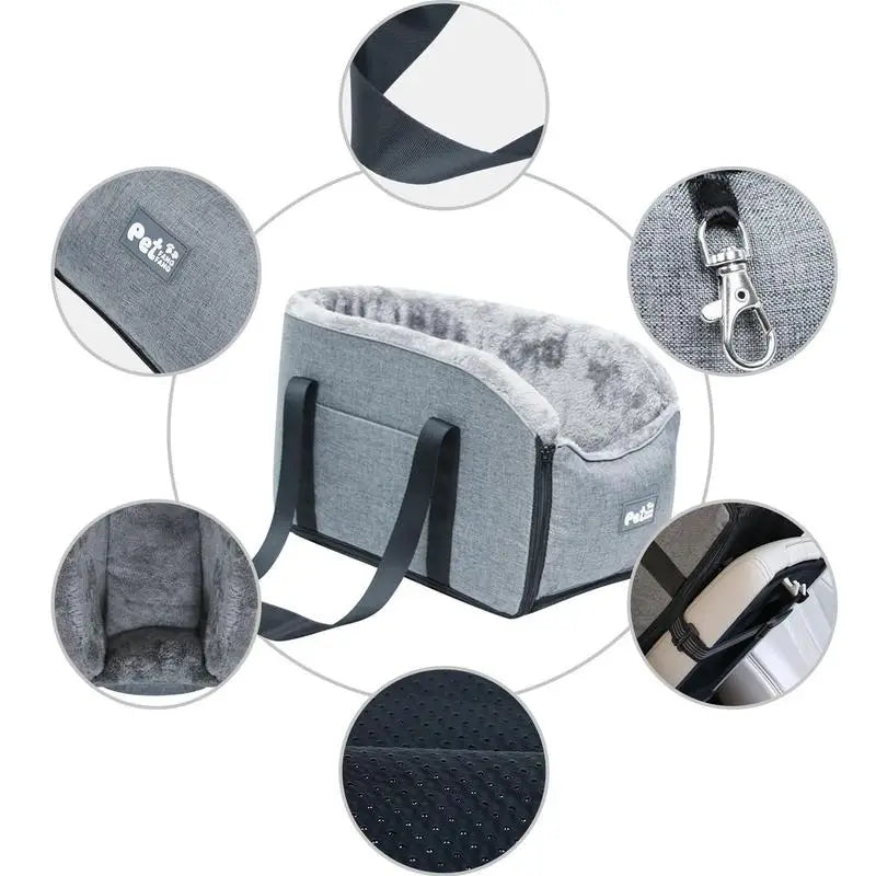 Portable Pet Dog Car Seat | Central Control Non-Slip Kennel Bed for Small Dogs & Cats | Luxury Armrest Booster Cushion Travel Basket with Safety Tether