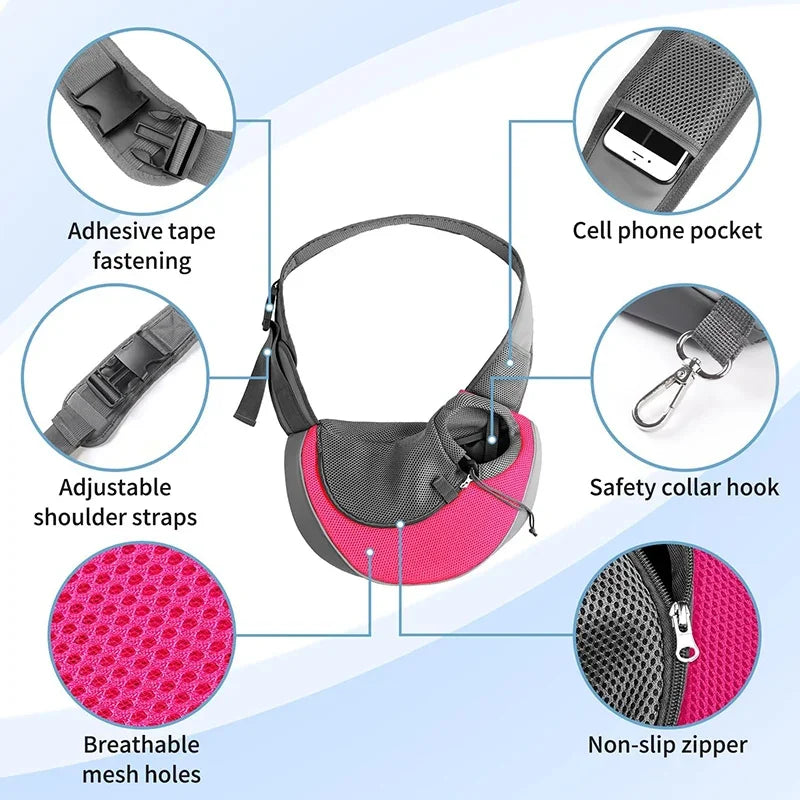Hands-Free Dog Sling Carrier | Breathable Mesh Travel Puppy Shoulder Bag with Adjustable Neck Safety Strap | Comfortable Hands-Free Tote for Small Dogs & Cats