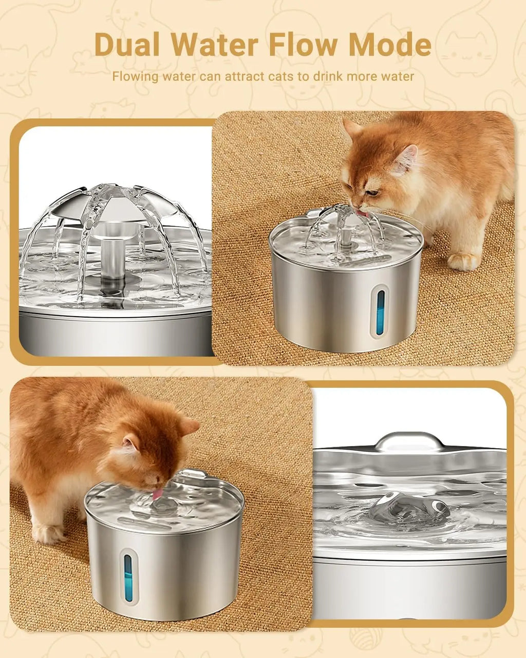 2.2L Stainless Steel Cat Water Fountain | Automatic Electric Pet Drinking Dispenser | Ultra-Silent Circulating Water Bowl with Dual Flow Flower Outlet Mode