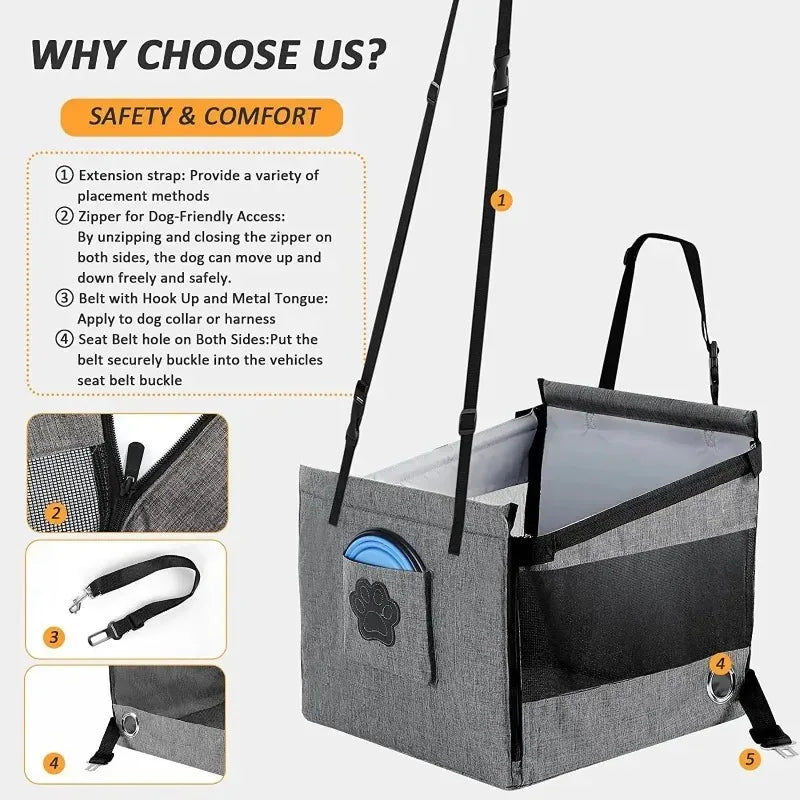 Portable Car Pet Seat | Stable Dog Carrier with Safety Mesh Protector | Waterproof Scratch-Proof Backseat Travel Basket Booster for Small to Medium Dogs