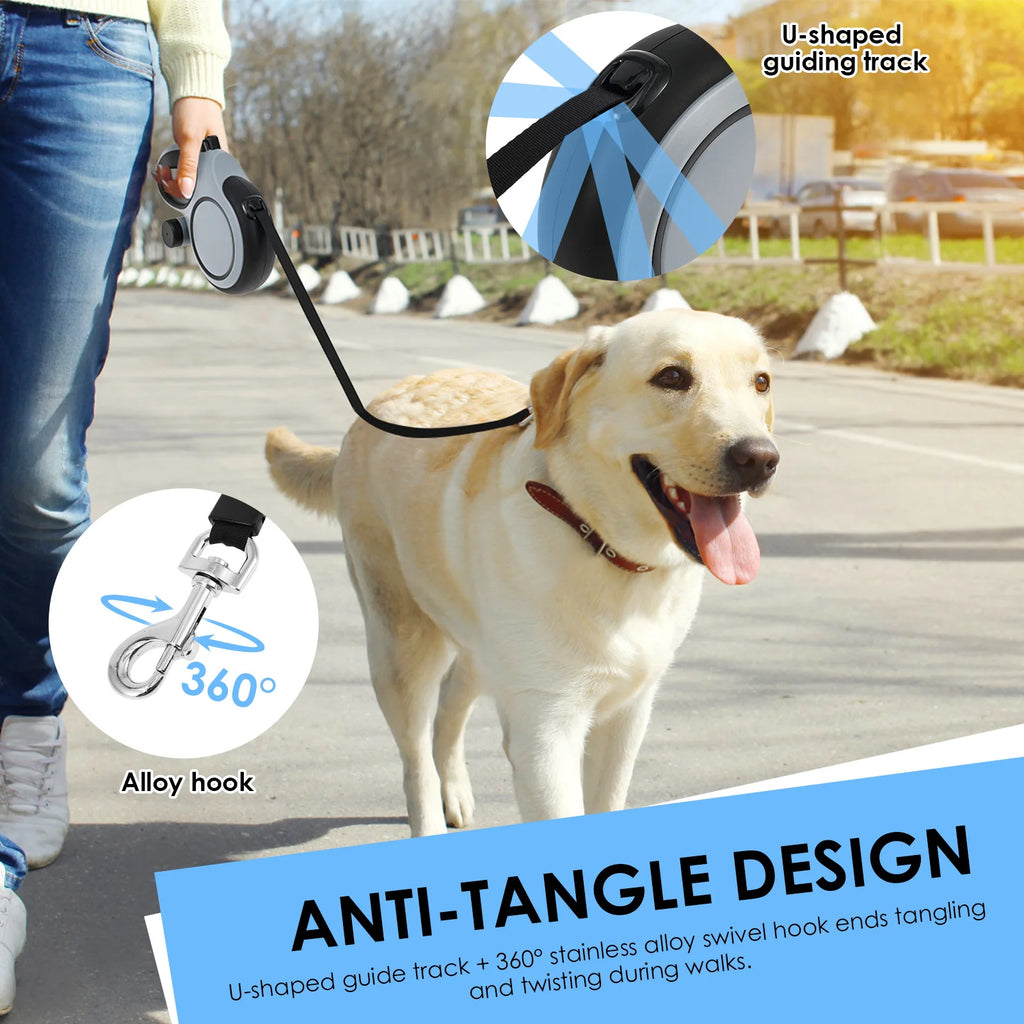 8M Retractable Dog Leash with Waste Bag Dispenser | Heavy-Duty Automatic Extension Nylon Walking Lead | Non-Slip Ergonomic Handle Pet Leash for Small to Large Dogs