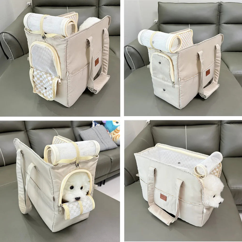 Portable Pet Shoulder Handbag | Quilted Fabric Dog & Cat Carrier Bag | Non-Slip Car Travel Booster Seat Nest with Safety Tether for Puppies and Kittens