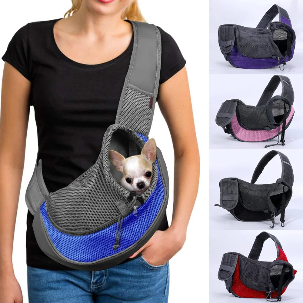 Hands-Free Dog Sling Carrier | Breathable Mesh Travel Puppy Shoulder Bag with Adjustable Neck Safety Strap | Comfortable Hands-Free Tote for Small Dogs & Cats