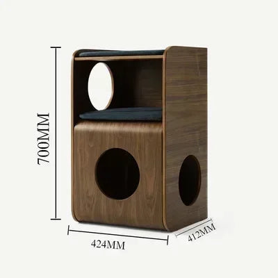 2-in-1 Wooden Cat House Side Table – Curved Bedside Nightstand & Indoor Pet Condo with Cushion