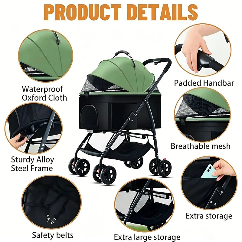 Pet Car Stroller 3-in-1 Combo | Lightweight Foldable Dog Walking Jogger | Detachable Car Safety Seat Basket and Travel Carrier for Medium Dogs & Cats