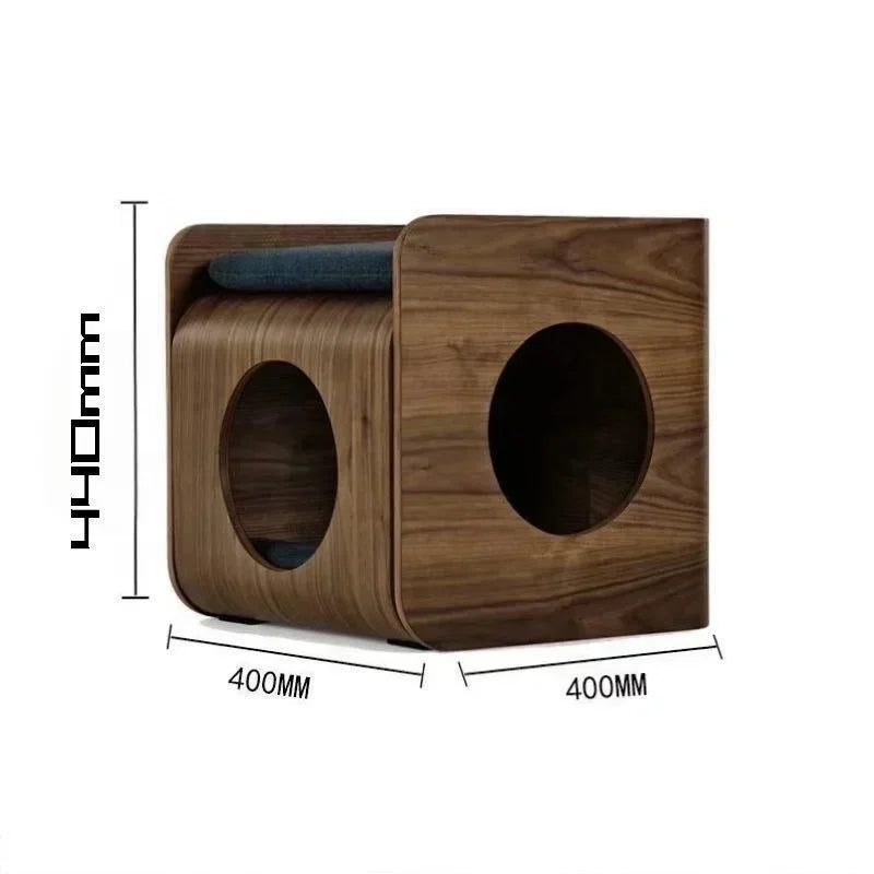 2-in-1 Wooden Cat House Side Table – Curved Bedside Nightstand & Indoor Pet Condo with Cushion