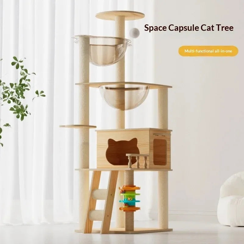 Multi-Level Wooden Cat Tree Condo – Modern Indoor Cat Activity Tower with Plush Perches & Scratching Posts