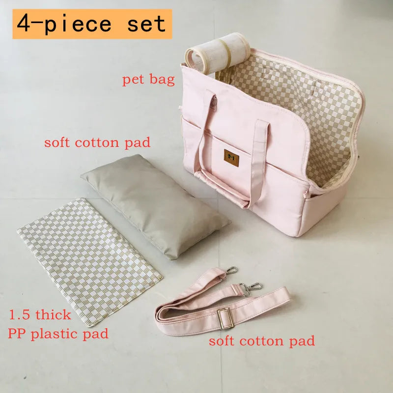 Portable Pet Shoulder Handbag | Quilted Fabric Dog & Cat Carrier Bag | Non-Slip Car Travel Booster Seat Nest with Safety Tether for Puppies and Kittens