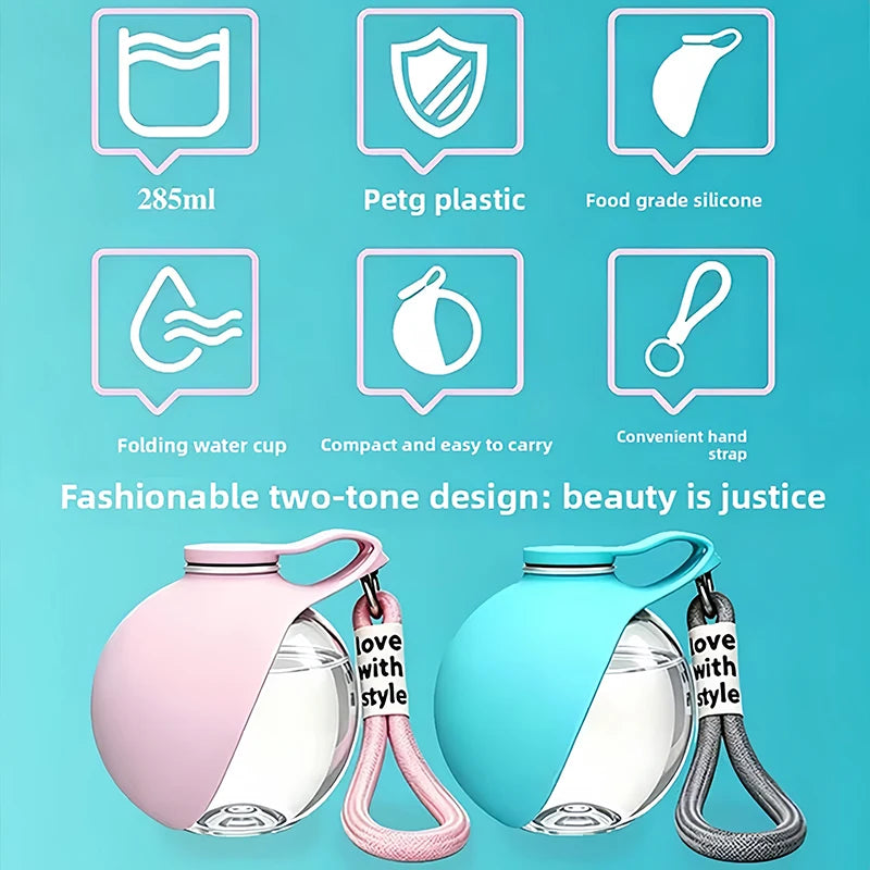 Portable Dog Water Bottle 285ml | Travel Pet Drinking Silicone Bowl with Lanyard | Leak-Proof Lightweight Outdoor Walking & Hiking Hydration Dispenser