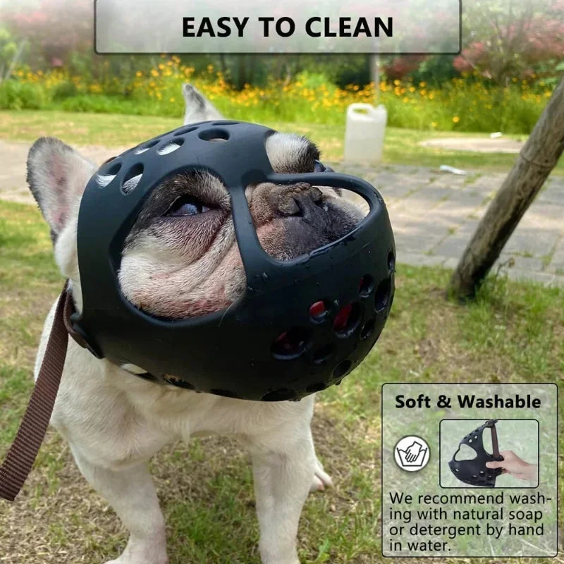Short Snout Dog Muzzle | Soft Silicone Mask for Flat-Faced Breeds | Breathable Mesh Safety Cover for Biting, Chewing, and Licking Training for French Bulldogs, Pugs, and Boston Terriers