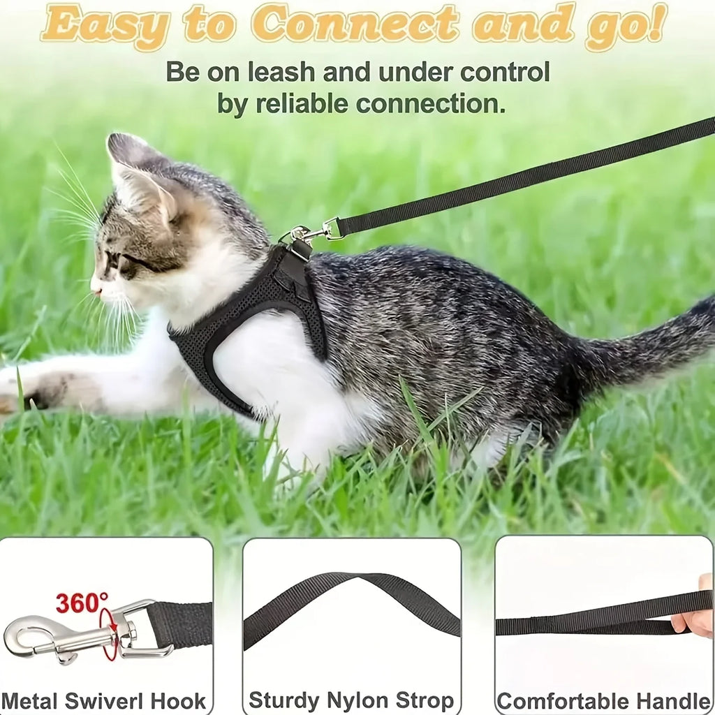 Breathable Vest-Style Pet Harness & Shock-Absorbing Leash | Comfortable Walking Harness Set | Adjustable No-Choke Escape-Proof Vest for Cats and Small Dogs