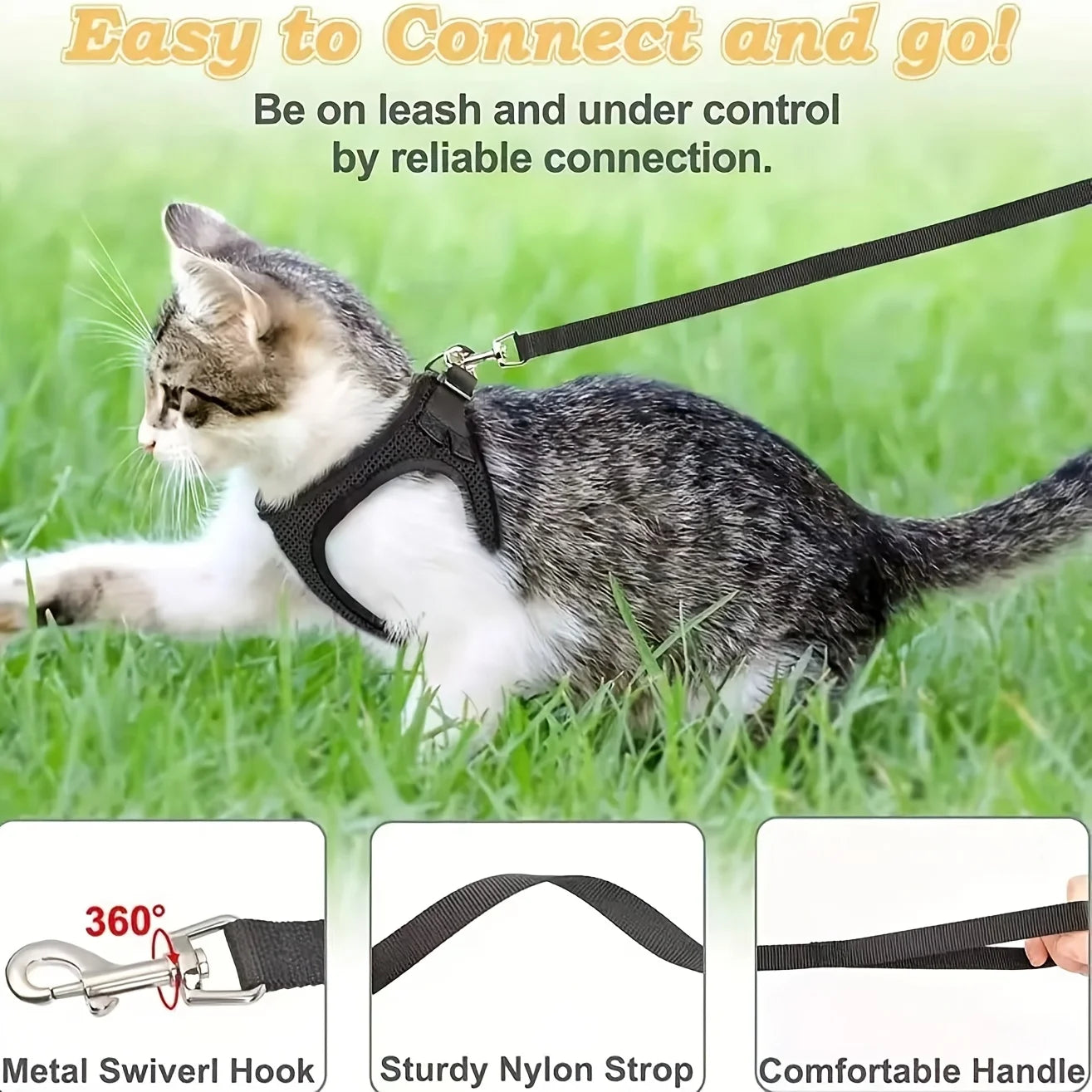 Breathable Vest-Style Pet Harness & Shock-Absorbing Leash | Comfortable Walking Harness Set | Adjustable No-Choke Escape-Proof Vest for Cats and Small Dogs