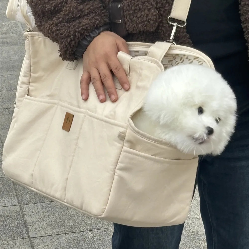 Portable Pet Shoulder Handbag | Quilted Fabric Dog & Cat Carrier Bag | Non-Slip Car Travel Booster Seat Nest with Safety Tether for Puppies and Kittens