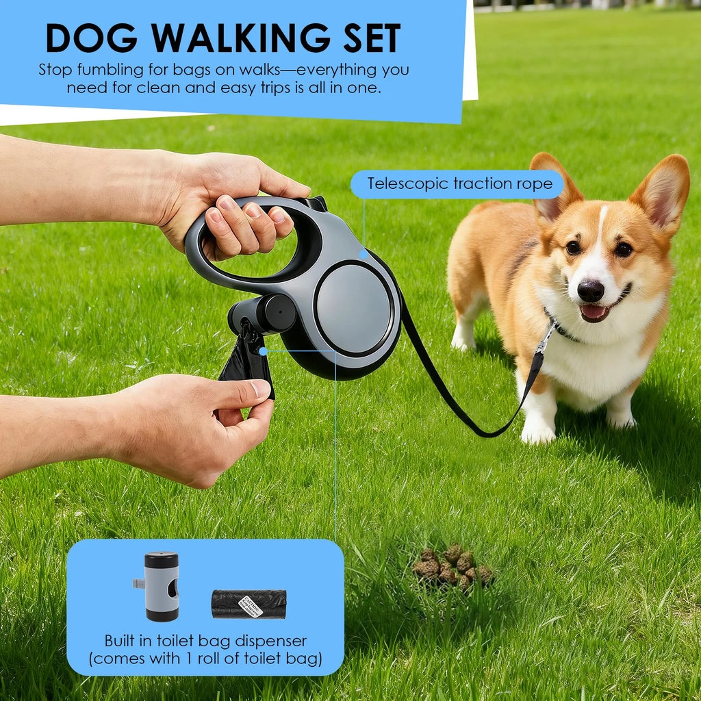 8M Retractable Dog Leash with Waste Bag Dispenser | Heavy-Duty Automatic Extension Nylon Walking Lead | Non-Slip Ergonomic Handle Pet Leash for Small to Large Dogs