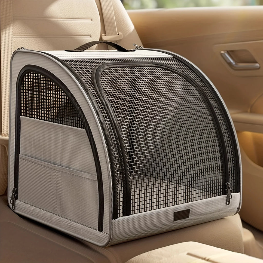 Pet Car Bed for Dogs & Cats | Portable Vehicle Travel Kennel House | Foldable Soft-Sided Safety Crate with Breathable Mesh Windows and Comfort Cushion