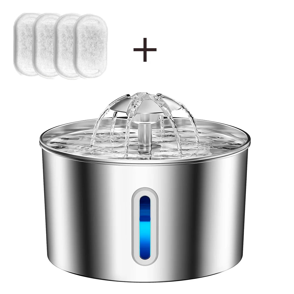 2.2L Stainless Steel Cat Water Fountain | Automatic Electric Pet Drinking Dispenser | Ultra-Silent Circulating Water Bowl with Dual Flow Flower Outlet Mode