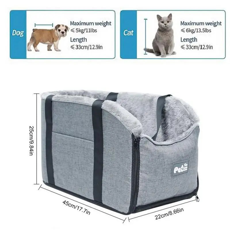 Portable Pet Dog Car Seat | Central Control Non-Slip Kennel Bed for Small Dogs & Cats | Luxury Armrest Booster Cushion Travel Basket with Safety Tether