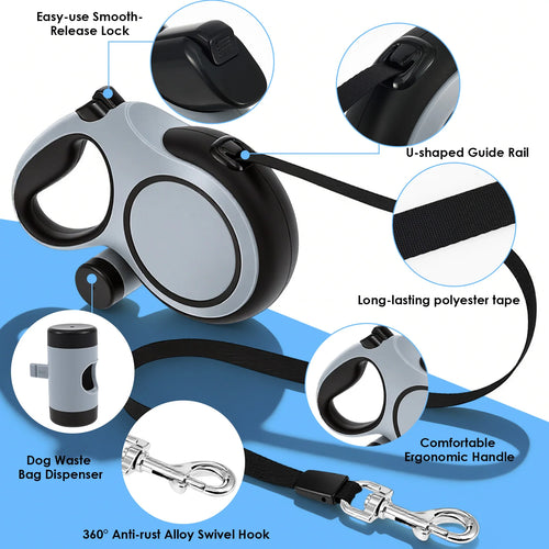 8M Retractable Dog Leash with Waste Bag Dispenser | Heavy-Duty Automatic Extension Nylon Walking Lead | Non-Slip Ergonomic Handle Pet Leash for Small to Large Dogs