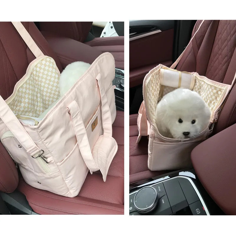 Portable Pet Shoulder Handbag | Quilted Fabric Dog & Cat Carrier Bag | Non-Slip Car Travel Booster Seat Nest with Safety Tether for Puppies and Kittens