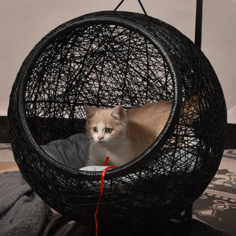 Luxury Hanging Basket Cat Hammock – Semi-Enclosed Woven Egg Chair Pet Nest with Plush Cushion