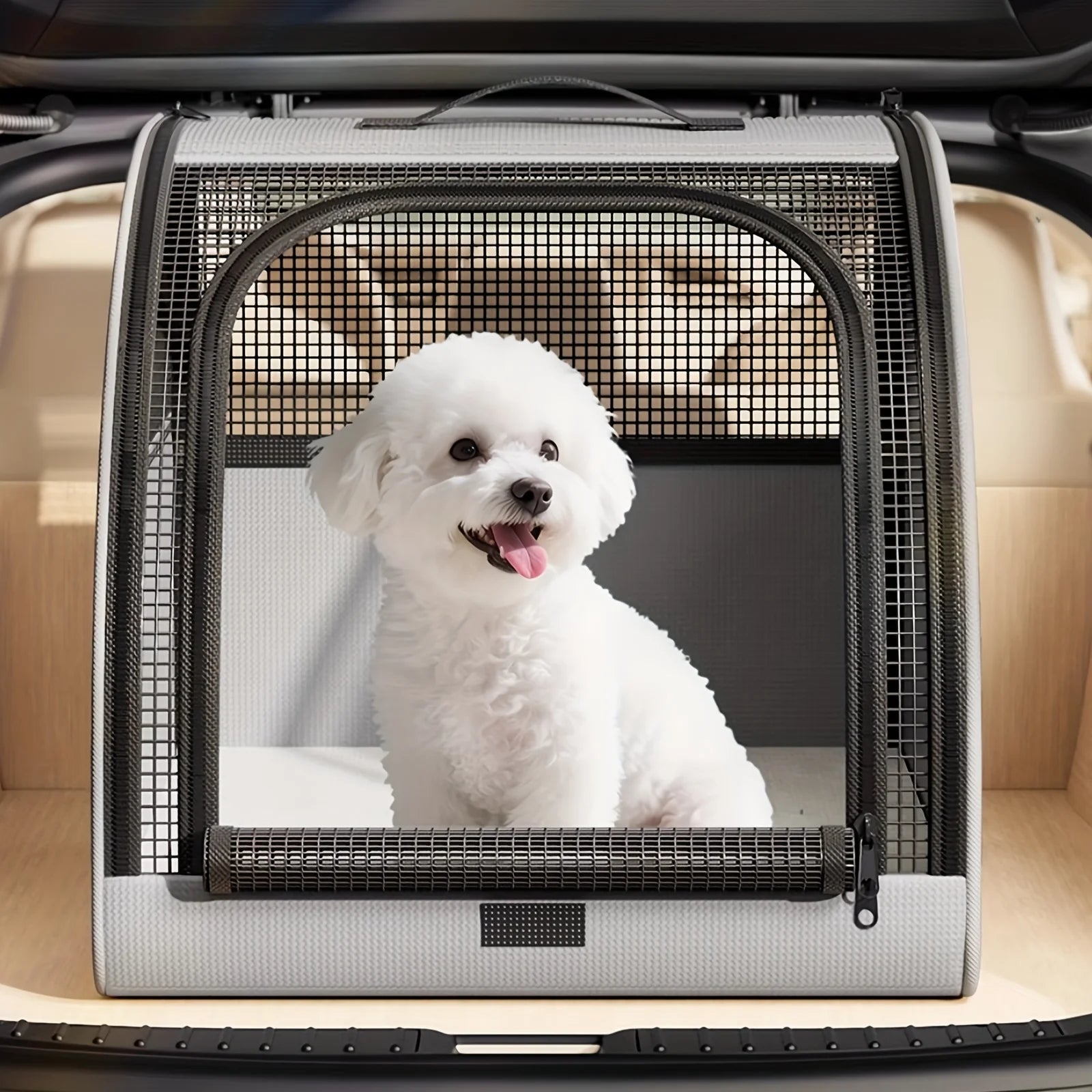 Pet Car Bed for Dogs & Cats | Portable Vehicle Travel Kennel House | Foldable Soft-Sided Safety Crate with Breathable Mesh Windows and Comfort Cushion