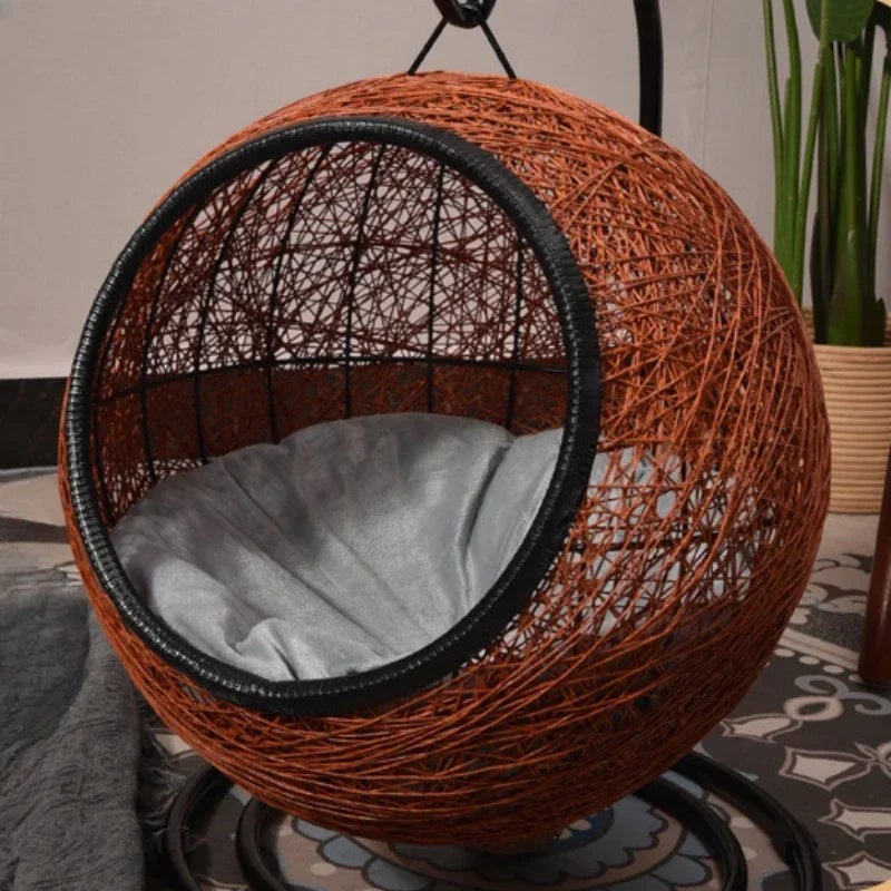 Luxury Hanging Basket Cat Hammock – Semi-Enclosed Woven Egg Chair Pet Nest with Plush Cushion