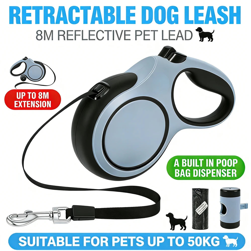 8M Retractable Dog Leash with Waste Bag Dispenser | Heavy-Duty Automatic Extension Nylon Walking Lead | Non-Slip Ergonomic Handle Pet Leash for Small to Large Dogs