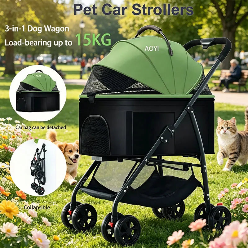 Pet Car Stroller 3-in-1 Combo | Lightweight Foldable Dog Walking Jogger | Detachable Car Safety Seat Basket and Travel Carrier for Medium Dogs & Cats