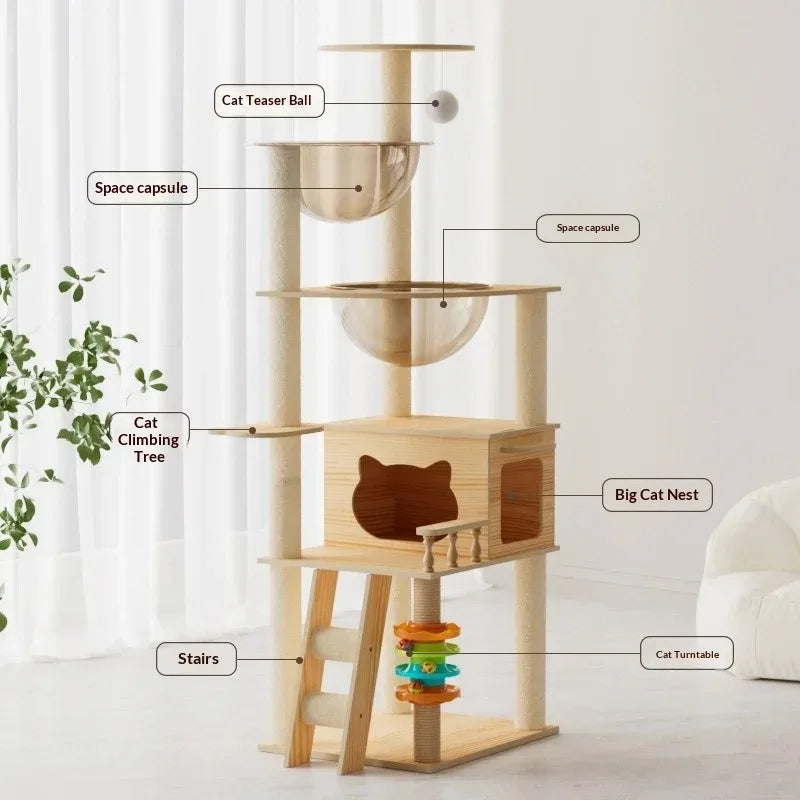 Multi-Level Wooden Cat Tree Condo – Modern Indoor Cat Activity Tower with Plush Perches & Scratching Posts