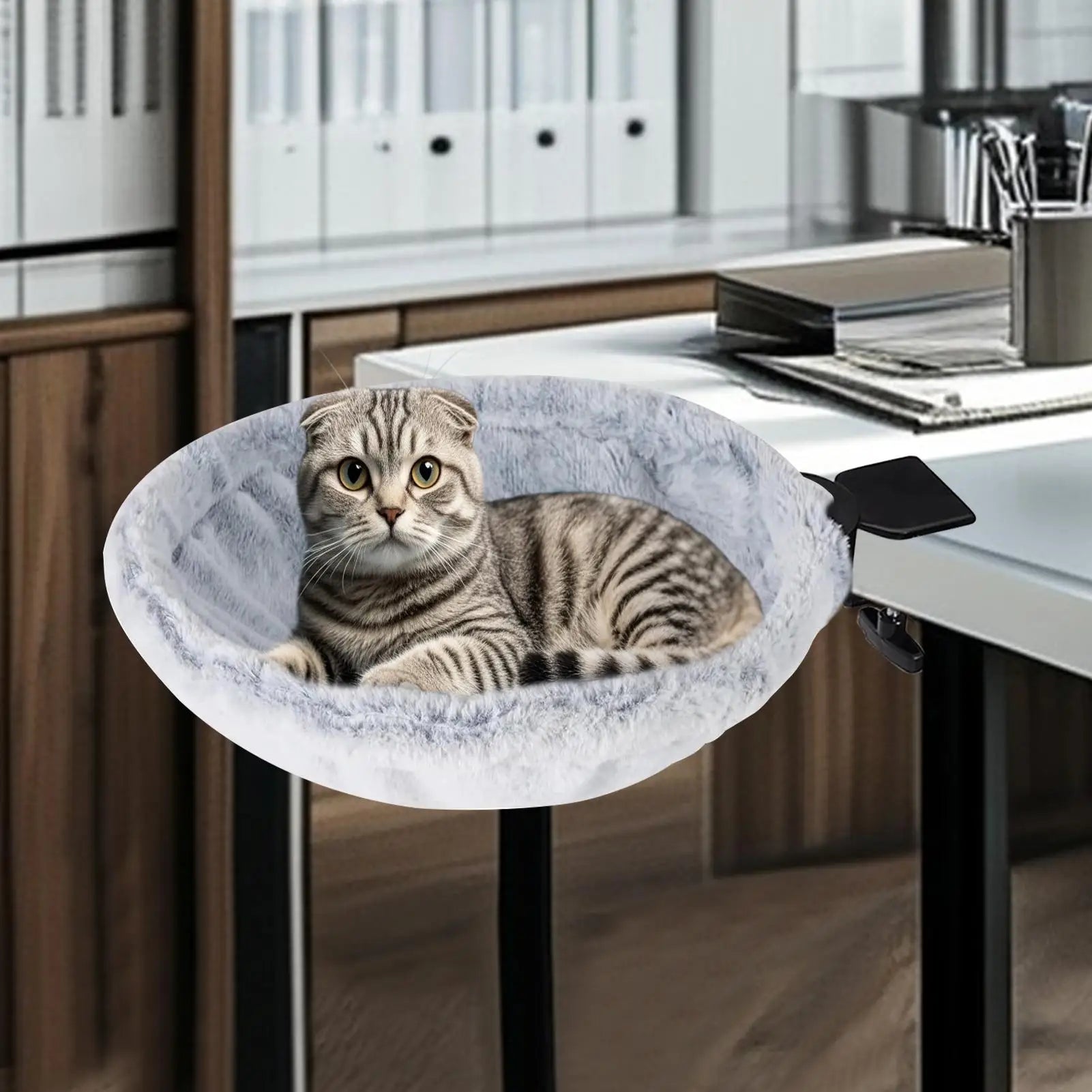 180° Rotating Cat Desk Bed Hammock – Ergonomic Under-Desk Clamp-On Pet Bed & Office Office Lounge