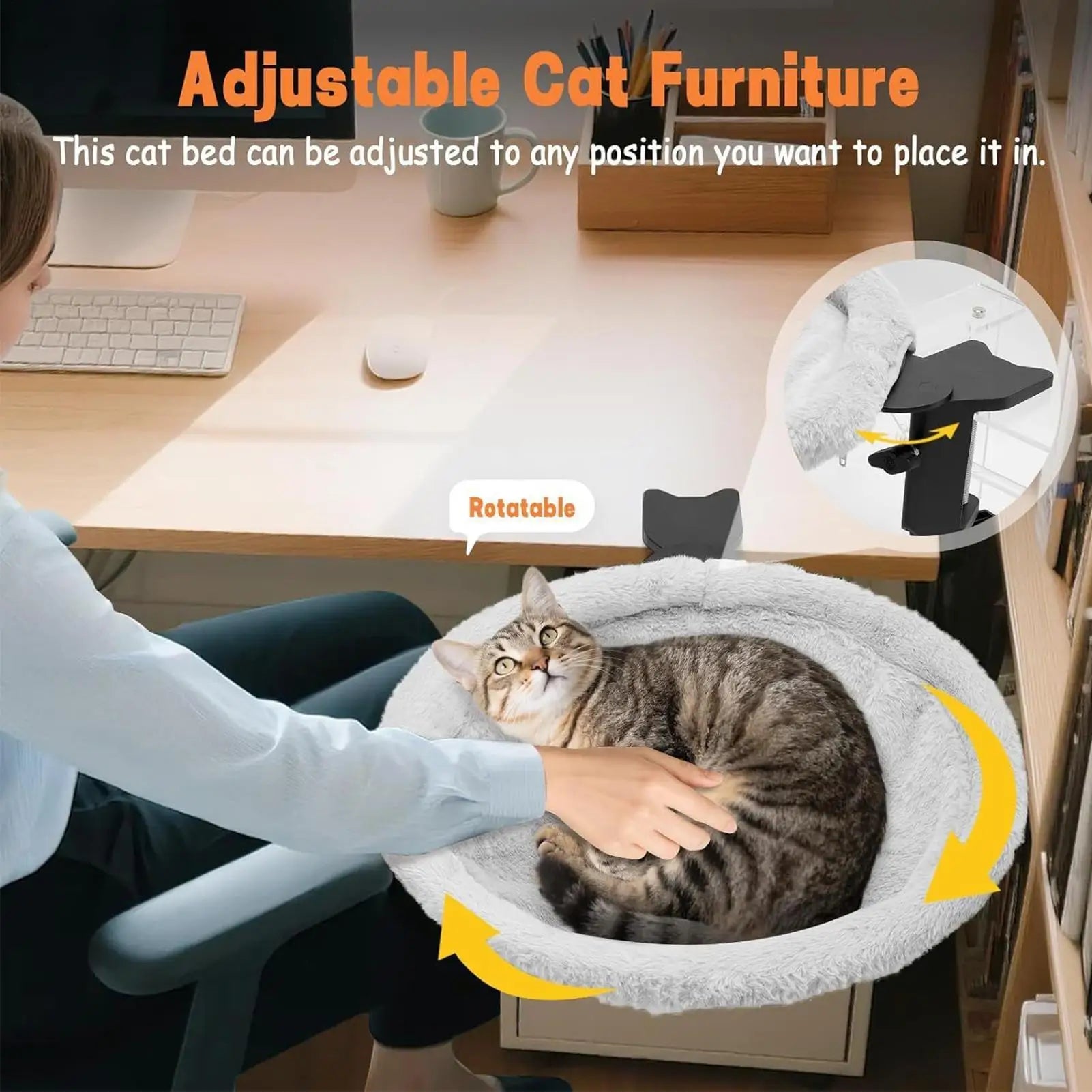 180° Rotating Cat Desk Bed Hammock – Ergonomic Under-Desk Clamp-On Pet Bed & Office Office Lounge