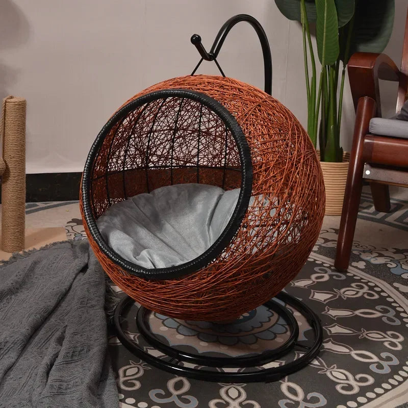 Luxury Hanging Basket Cat Hammock – Semi-Enclosed Woven Egg Chair Pet Nest with Plush Cushion