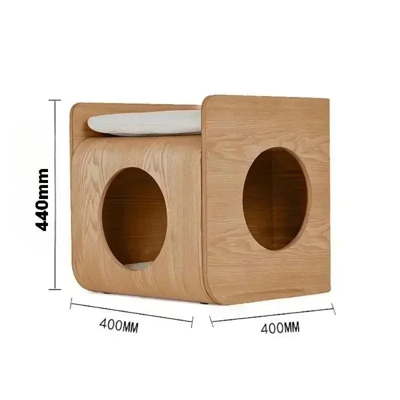 2-in-1 Wooden Cat House Side Table – Curved Bedside Nightstand & Indoor Pet Condo with Cushion