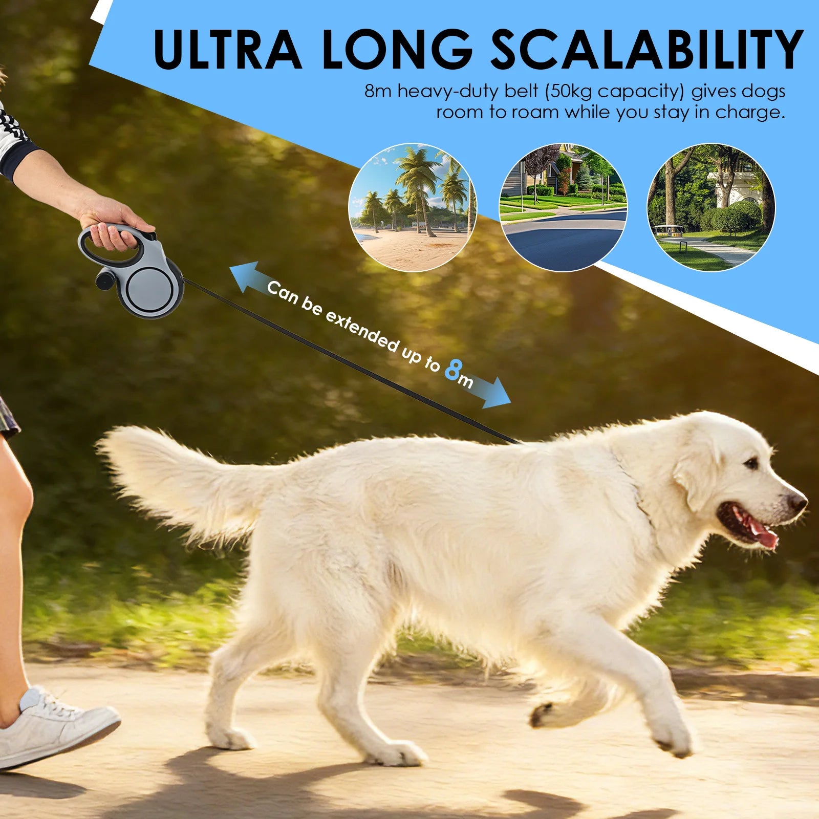 8M Retractable Dog Leash with Waste Bag Dispenser | Heavy-Duty Automatic Extension Nylon Walking Lead | Non-Slip Ergonomic Handle Pet Leash for Small to Large Dogs