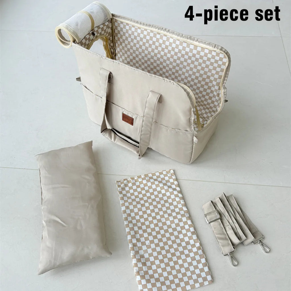 Portable Pet Shoulder Handbag | Quilted Fabric Dog & Cat Carrier Bag | Non-Slip Car Travel Booster Seat Nest with Safety Tether for Puppies and Kittens